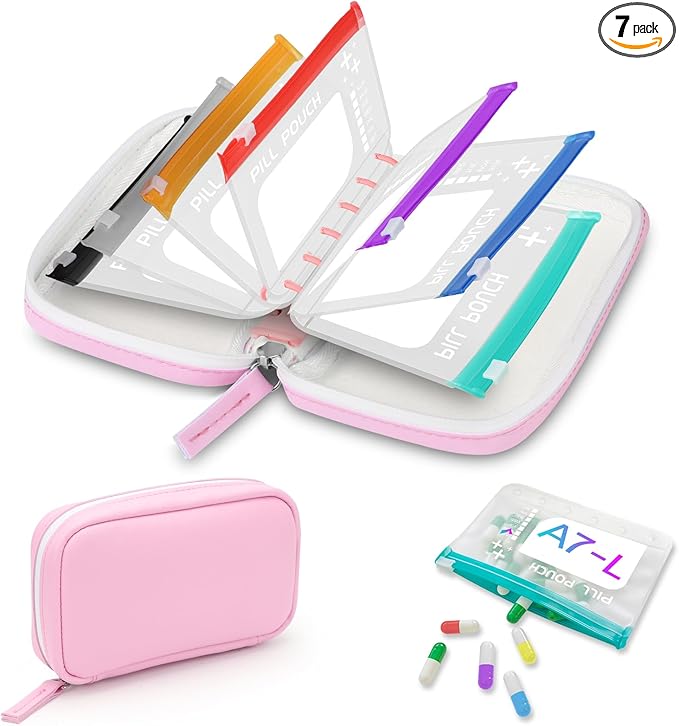 Timueetech A7 Waterproof Pill Organizer with 7 PCS L Size Zippered Pill Pouches for A7 Binder, Large BPA-Free Weekly Medicine Organizer, Color-Coded Reusable Travel Pill Storage System