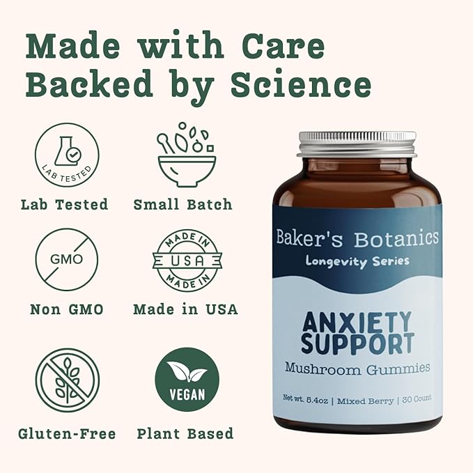 Baker's Botanics Adaptogenic Anxiety Support Mushroom Gummies - Botanicals Blend | Mixed Berry Flavor | Vegan, Gluten-Free, Non-GMO Supplement