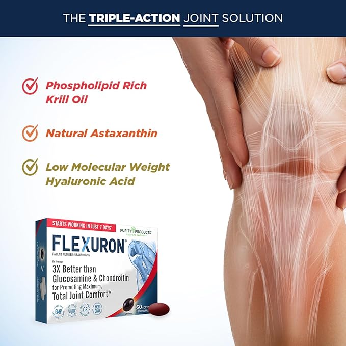 Purity Products Flexuron Joint Formula 3X Better Than Glucosamine and Chondroitin - Starts Working in just 7 Days - Krill Oil, Low Molecular Weight Hyaluronic Acid, Astaxanthin - 30 Count (1)