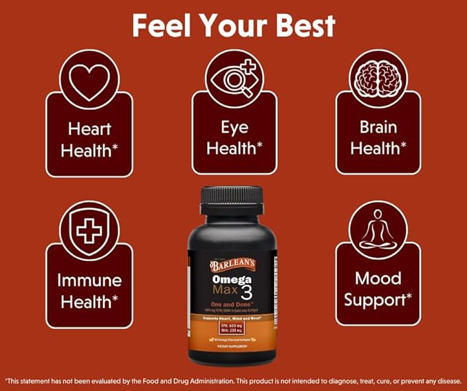 Barlean's Ideal Omega Max 3 Fish Oil Supplements, 1000 mg Softgels, EPA and DHA Fatty Acid Pills for Men and Women, Orange Flavor, 60 Count