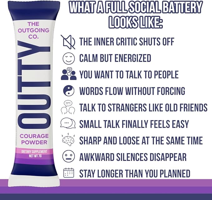 OUTTY Courage Powder Social Energy & Mood Support Drink Mix With Taurine, L-Theanine & Oroxylin A Stress Relief, Mental Clarity & Alcohol Alternative Acai Mixed Berry (15 Stick Packs)