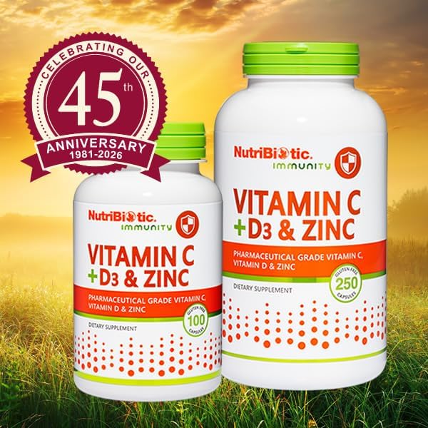 NutriBiotic – Vitamin C + Vitamin D3 & Zinc, 250 Capsules | Potent, Comprehensive Immune Support | Essential & Antioxidant Daily Supplement | Gluten & GMO Free