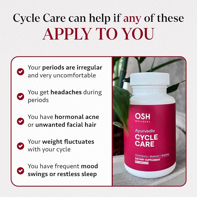 Osh Cycle Care – Natural Period Pain & Cramp Relief for Women | Hormonal Acne Support, Bloating & Mood Balance | Ayurvedic Supplement with Chasteberry, Shatavari & Borage Oil | 60 Capsules