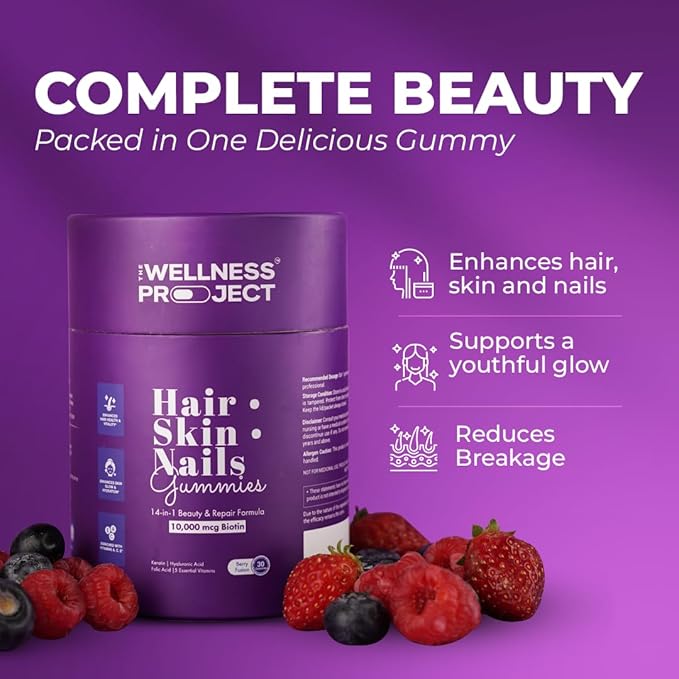 The Wellness Project 14-in-1 Hair, Skin & Nails Gummies with 10,000 mcg Biotin, Keratin, Hyaluronic & Folic Acid, Vitamins A, B5, B6 & B12 & Sea Buckthorn | for Women & Men | Tasty Mixed Berry Flavor