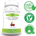 Mauricettes Chewable Vitamin D3 with K2 – 2-in-1 Bone & Heart Health Support – Immune Booster – Natural Cherry Flavor – 90 Tablets for Adults & Kids