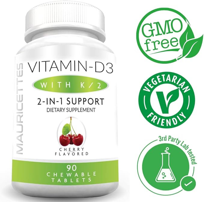 Mauricettes Chewable Vitamin D3 with K2 – 2-in-1 Bone & Heart Health Support – Immune Booster – Natural Cherry Flavor – 90 Tablets for Adults & Kids