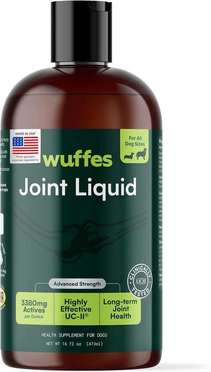 Wuffes Advanced Joint Liquid for Dogs, Hip & Joint Support Supplement with Glucosamine, Chondroitin, UC-II® Collagen, and MSM, for Small & Large Breeds, 16 Oz