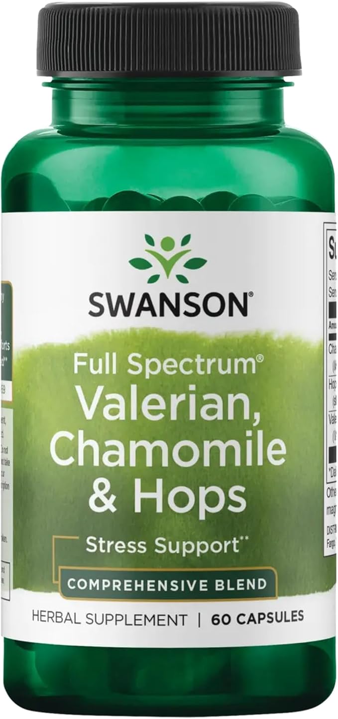 Swanson Valerian, Chamomile & Hops - Full Spectrum Herbal Supplement Promoting Relaxation & Comfort - Natural Formula Supporting Mind & Body Wellness - (60 Capsules)