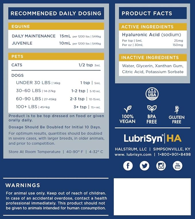 LubriSynHA Hyaluronic Acid Hip & Joint Care Supplement for Dogs, Cats & Horses – Liquid Oral HA for Pets – Joint Support Supplement Promotes Mobility, Flexibility, Cartilage Health & Comfort – 128oz