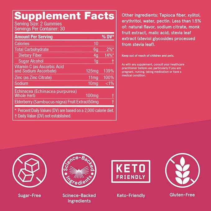 Bulletproof Sugar-Free Raspberry Elderberry Immune Gummies, 60 Count, Keto Supplement for Immune Support
