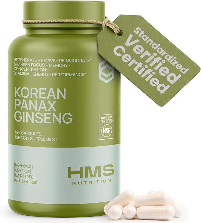 HMS Nutrition Korean Red Panax Ginseng 2000mg Supplement – 120 Vegan Capsules, Max Strength Ginsenosides, NSF Certified Extract for Energy, Stamina, Focus, Performance & Immune Support