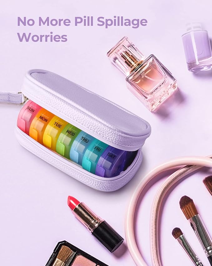 AMOOS Cute Pill Organizer 2 Times a Day, PU Leather Pill Case for Women, Portable Weekly Pill Box for Purse with Storage Bag to Hold Vitamins, Medications, Fish Oils, Supplements (Purple)