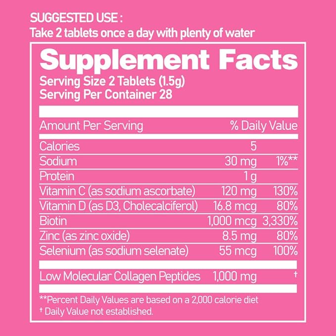 Ever Collagen in&UP Biotin Cell, Low Molecular Marine Fish Collagen Peptides Tablets with Vitamin Selenium Supplements - Healthy Skin, Hair, Nail for Women - Antioxidant Supplement