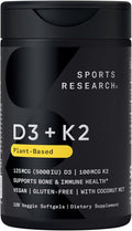 Sports Research Vitamin D3 with K2 Softgels - Plant Based K2 & Vegan D3 5000iu with Coconut MCT Oil - Vegan Certified, Soy & Gluten Free - 120 Count