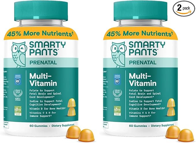 SmartyPants Prenatal Vitamins for Women, Multivitamin Gummies: Pre and Postnatal Vitamins, Biotin, Methylfolate,Vitamin D3,C,Vitamin B12, B6, A, K & Zinc, Inositol,60 Count (30 Day Supply) (Pack of 2)