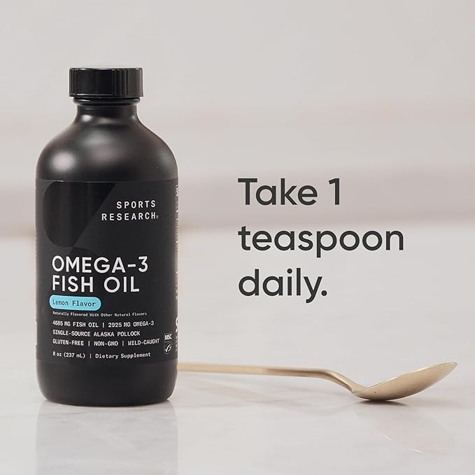 Sports Research® Omega-3 Fish Oil, 8oz Glass Bottle - 4685mg of Wild Caught Alaska Pollock Fish Oil per Serving - Easy-to-Take Liquid · Lemon Flavor · Non-GMO · MSC Certified Sustainable - 48 Servings