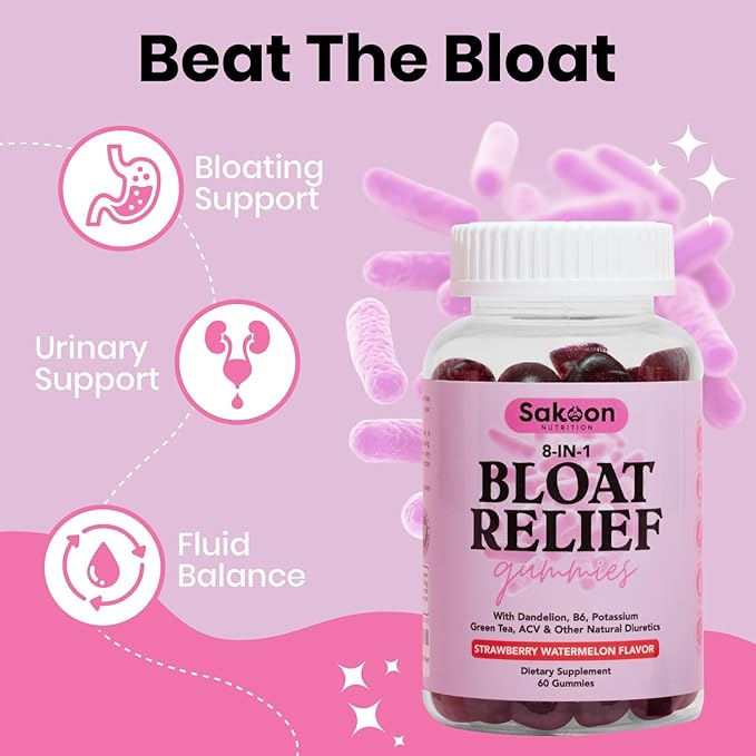 Sakoon nutrition Bloating Relief Gummies for Women - Green Tea, ACV, Dandelion, Buchu Leaf, Natural Digestion Support, 60 Gummies, Watermelon Flavor