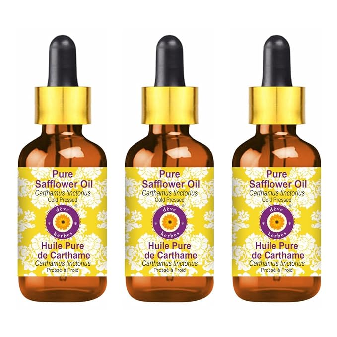 dève herbes Pure Safflower Oil (Carthamus tinctorius) with Glass Dropper Cold Pressed (Pack of Three) 100ml X 3 (10 oz)