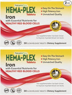NaturesPlus Hema-Plex Iron - 30 Slow-Release Tablets, Pack of 2 - Total Blood Health - 85 mg Chelated Iron - with Vitamin C & Bioflavonoids - Non GMO, Vegetarian & Gluten Free - 60 Total Servings