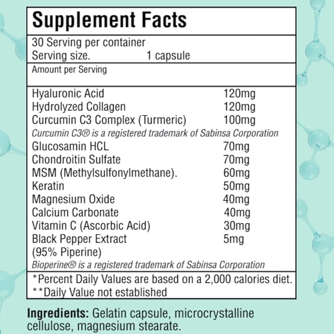 Hyaluronic Acid Supplement– Advanced Joint Support with Hydrolyzed Collagen, Turmeric, Glucosamine, MSM, Vitamin C – 30 Capsules