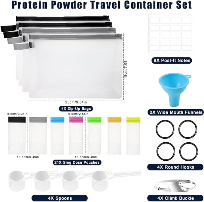 Abnaok 47PCS Protein Powder Travel Container Set,Reusable Powder Supplement Container with 21PCS Single Dose Powder Bags，Zip Up Bags，Funnels, Spoons and Sheet Labels, Spring Buckle，Zipper Rings