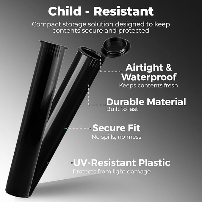 Kopperko Small Pill Tube (116mm, 4.6 Inch 500-Pack) | Child Resistant Small Medicine Container | Tube Food Container for Spices | Airtight, UV Resistant & Waterproof (Black Plastic)
