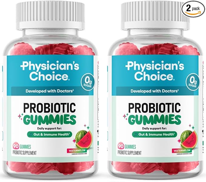 Physician’s Choice Probiotic Gummies with Vitamin D & Prebiotic Fiber - Sugar Free - 1B CFUs of Clinically Studied Probiotic - Supports Immune & Gut Health for Adults - Watermelon Flavor - 90CT 2-pack