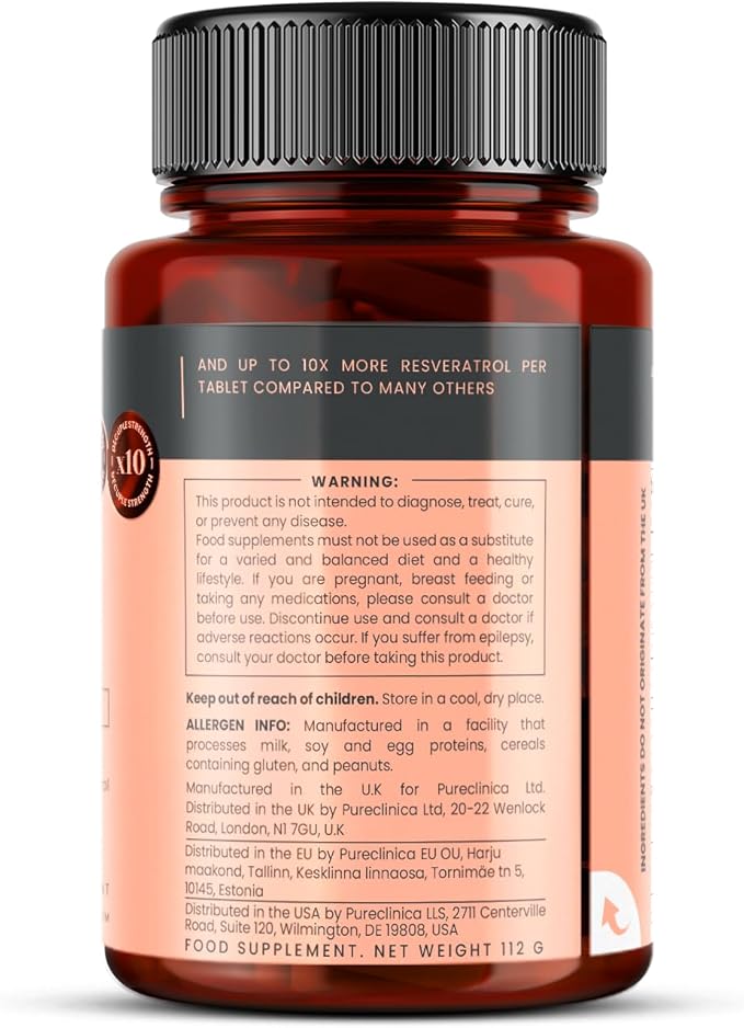 pureclinica Maximum Strength Resveratrol 1000mg x 360 Tablets - (4 Bottles of 90-12 Months Supply). 10 x Strength w/Black Pepper Extract