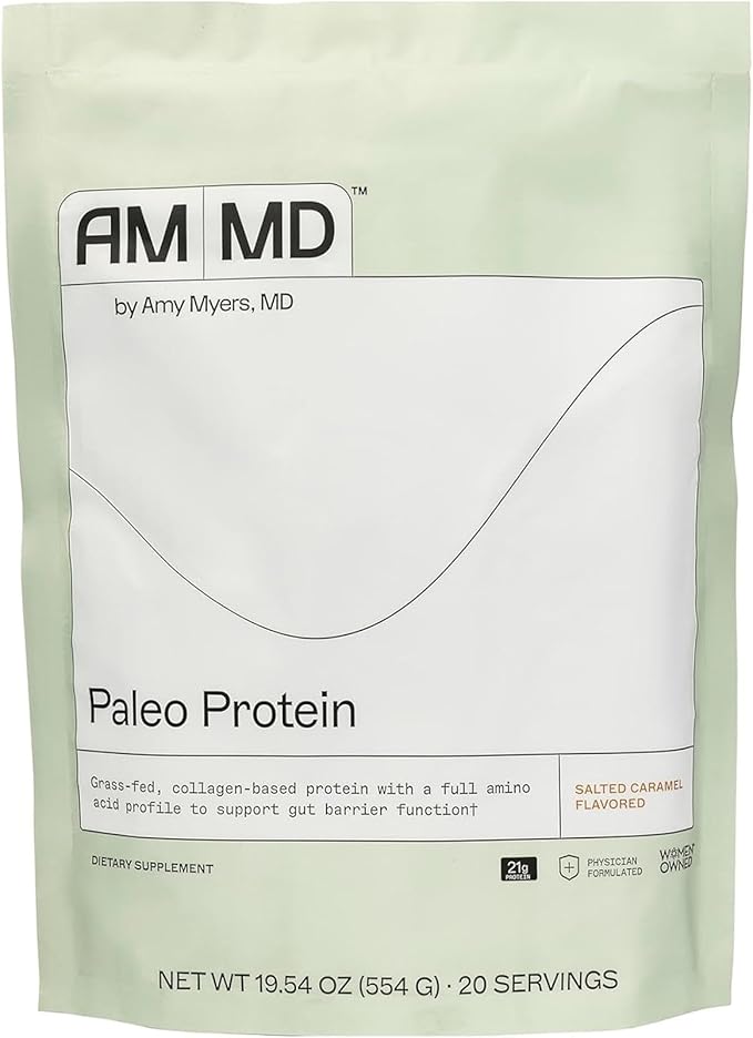 Amy Myers MD Paleo Protein Powder - with Collagen Peptides for Gut Health - Supports Hair, Skin & Nails - Non-GMO, Gluten-Free, Non-Dairy & More - Salted Caramel - 19.54 oz (20 Servings)