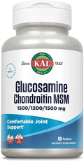 KAL Glucosamine Chondroitin MSM, Joint Support Supplement for Women and Men, 1500mg Glucosamine Sulfate, 1200mg Chondroitin, 1500mg MSM, Rapid Disintegration, 60-Day Guarantee, 20 Servings, 60 Tablets