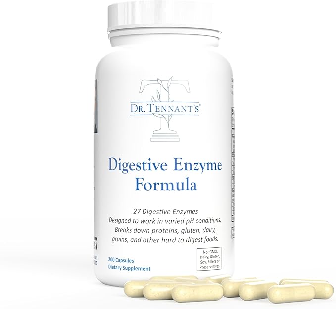 Dr. Tennant's Digestive Enzyme Supplement | 27 Enzymes with 2X DPP-IV | Supports Gut Health, Bloating Relief & Gluten and Dairy Digestion | 200 Capsules – 100 Day Supply