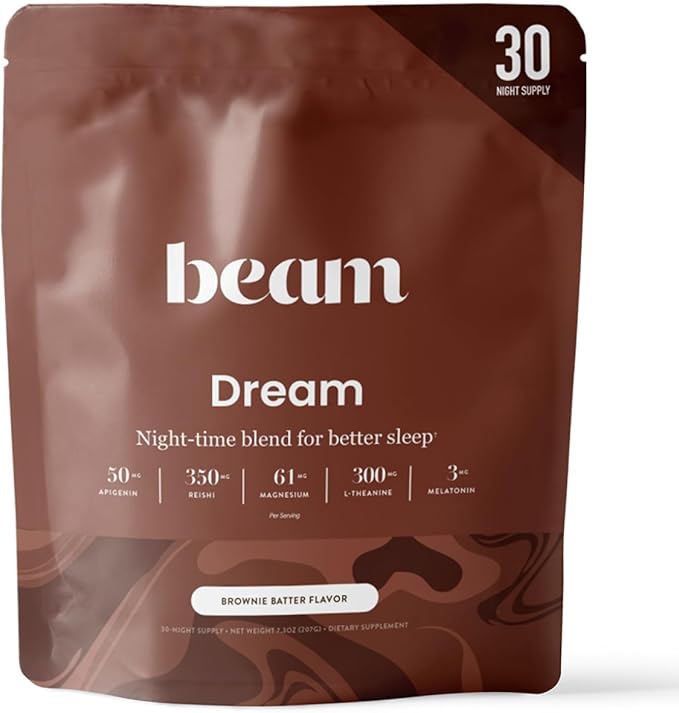 Beam Dream Sleep Powder – Sleep Aid for Adults with Melatonin, Magnesium, L-Theanine, Reishi Mushroom & Apigenin Sleep Supplement, Sleepy Cocoa Bedtime Drink Mix, Brownie Batter Flavor, 30 Servings