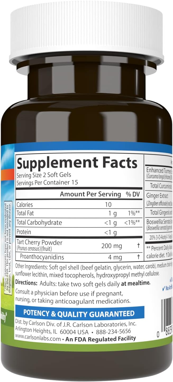 Carlson - Enhanced Mobility, Botanical Joint Support, Boswellia, Tart Cherry, Curcumin, Ginger, 30 Softgels