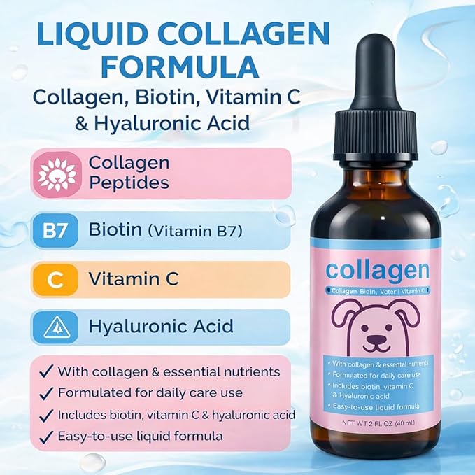 Liquid Collagen for Dogs & Cats – Grass-Fed Collagen Peptides with Biotin, Vitamin C & Hyaluronic Acid, Supports Skin & Coat Health