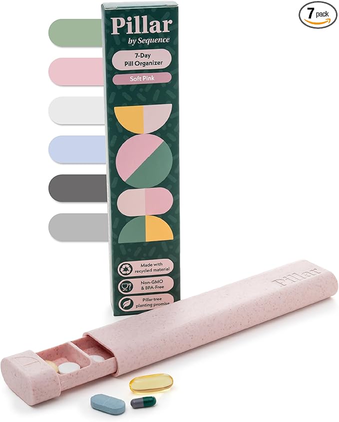 Pillar - 7 Day Pill Box Organiser | BPA-Free Wheat Straw Pill Organiser | Beautiful Tablet Organiser for Travel and Home (Soft Pink)