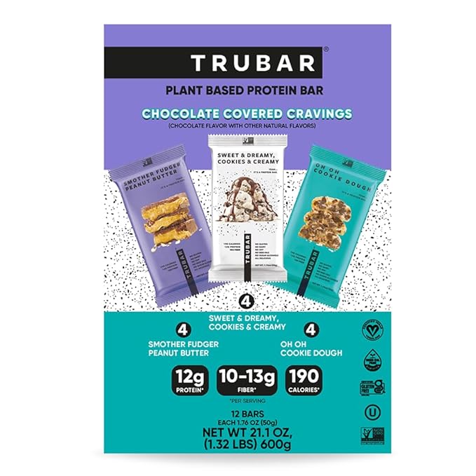 TRUBAR Vegan Protein Bars, Chocolate Covered Cravings Variety Pack, Peanut Butter, Cookies & Cream, & Cookie Dough, Gluten Free, Plant Based, High Fiber, Dairy Free, On the Go Healthy Snacks, 12 Count
