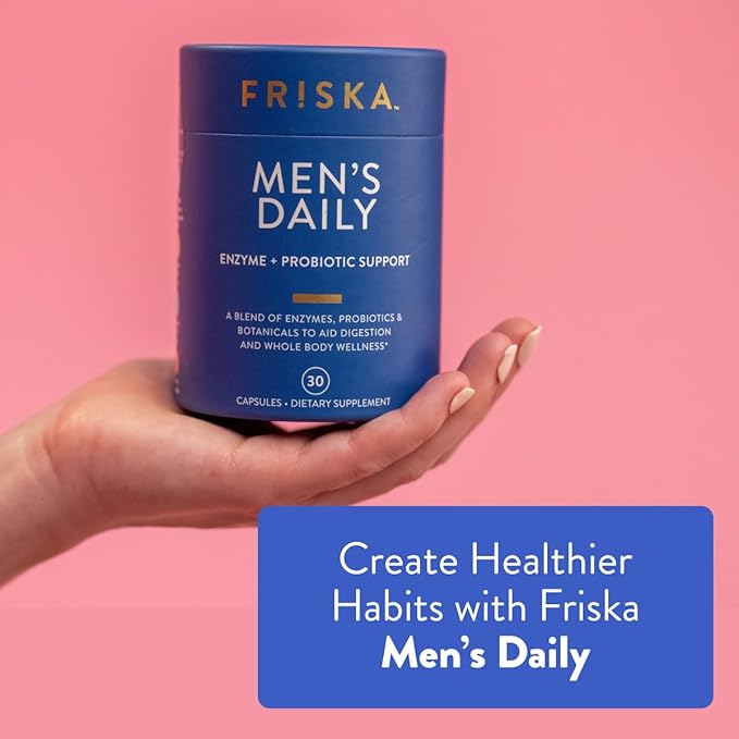 Friska Men’s Daily Gut Support - Digestive Enzymes, Probiotics to Help Break Down Foods, Supports Energy & Nutrient Absorption with Vitamins B6 & B12, 90 Capsules
