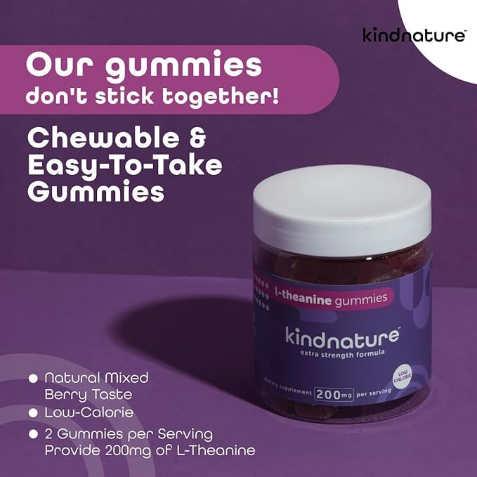 kindnature L-Theanine Gummies 200mg – Calm & Focus Supplement for Adults & Kids Ages 4+ – Stress Support, Mental Clarity & Non-Drowsy Relaxation – Vegan, Mixed Berry, Non-GMO