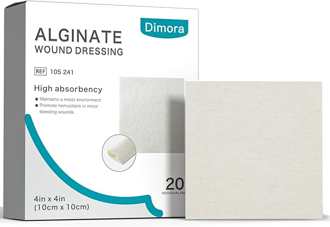 Dimora Calcium Alginate Wound Dressing, 4'' x 4'' Patches, 20 Individual Sterile Bandages, Soft and Highly Absorbent Dressing Gauze, Non-Stick Padding