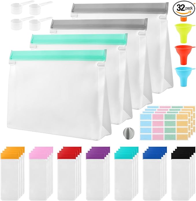 Protein Powder Travel Container Set, Reusable Protein Powder Container to Go, 28Pcs Single Dose Bags & 4Pcs Large Zip Bags Supplement Storage Containers with Funnel and Spoon