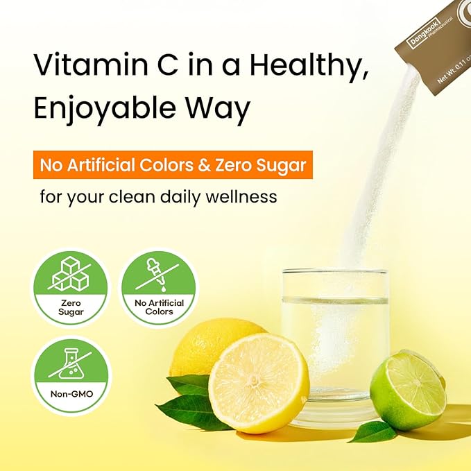 DONGKOOK Vita Pop 2,000mg Vitamin C Vitamin D & Biotin Powder Per Stick, Sugar Free Korean Vitamin C Supplements Multivitamin Advanced Immune Support for Woman Skin Hair, Lemon Powder Drink 100 Packet