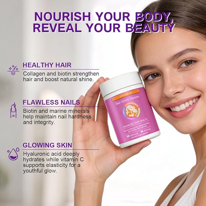 Biotin | Collagen | Hyaluronic Acid Supplement, Clinically Proven Hair Growth Support, Skin and Nails, 25000 mcg Vitamins B2, B3, B6 & B7 + B1 & Keratin Women & Men （120 Capsules）