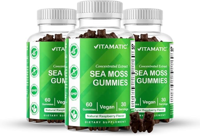 Vitamatic Irish Sea Moss Gummies with Bladderwrack & Burdock Root – Botanical Extract Supplement – Vegan, Non-GMO – 60 Count - 3 Pack