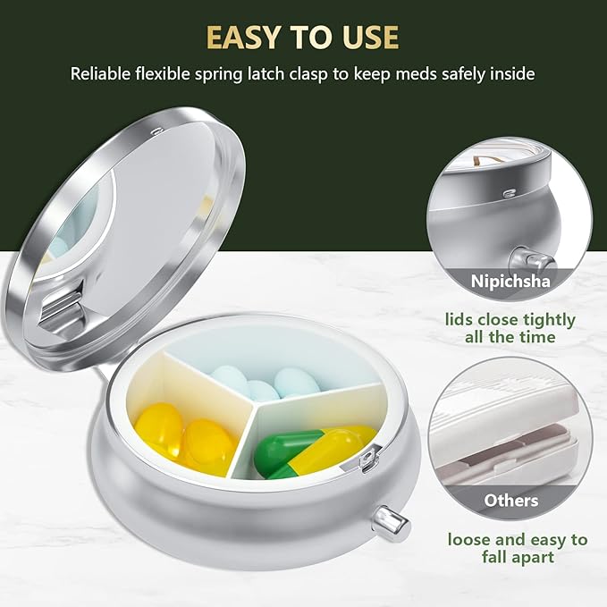 3 Pack Pill Box, Small Pill Case for Purse & Pocket, Cute Travel Medicine Organizer, Portable Medicine Container Holder to Hold Vitamins, Medication, Fish Oil & Supplement, White Marble