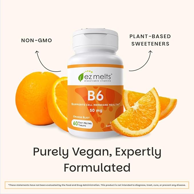 EZ Melts Vitamin B6 - Brain & Heart Health Supplement - Energy Metabolism Support - No Artificial Flavors - Non-GMO & Vegan - Orange Blast - 120 Dissolvable Tablets (60 Servings)