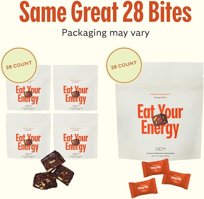 GEM Energy Caffeinated Chocolate Bite, 40mg Caffeine, Ginseng Root, L-Theanine, Holistic Sustained Energy, Supports Metabolism, Stamina & Endurance | Chocolate Cacao Sea Salt | 28 Servings