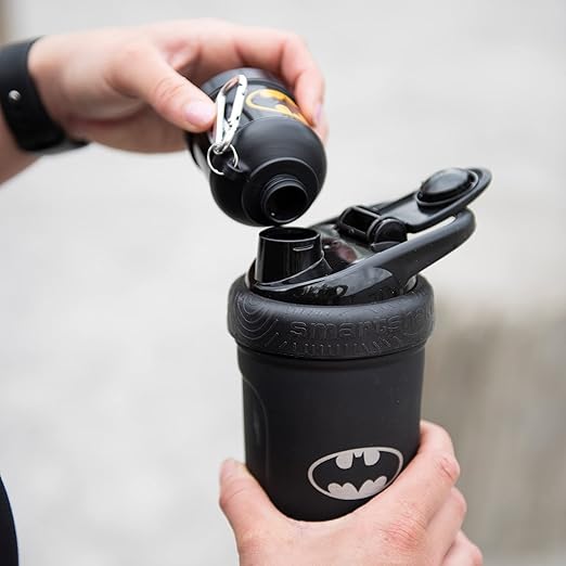 Smartshake Justice League Whey2Go Protein Powder Storage Container 50g – BPA Free Shaker Bottle Funnel for Whey Protein Powder - 110ml, DC Comics - Batman
