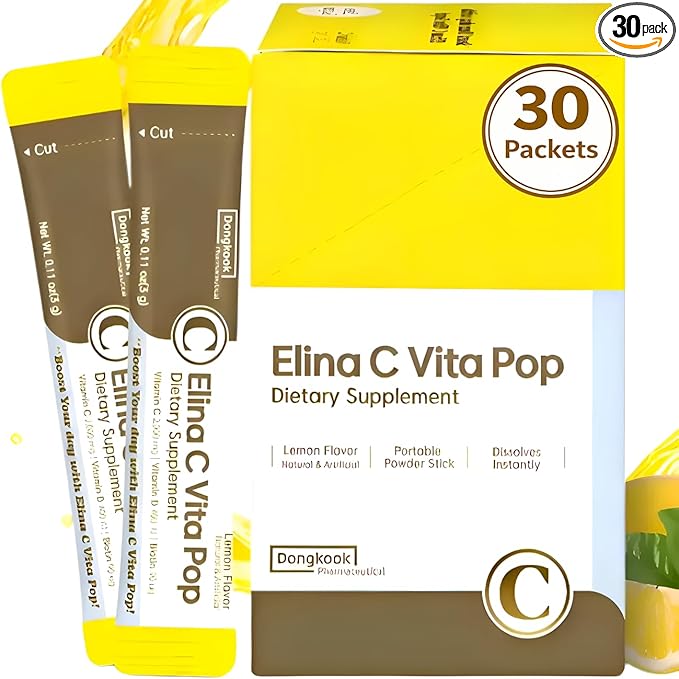 DONGKOOK Vita Pop 2,000mg Korean Vitamin C Powder Sugar Free Vitamin D & Biotin Powder Sticks, Lemon Drink Mix, Vitamin C Supplements Immune Support & Bioavailibity for Healthy Skin Non-GMO 30 Packets