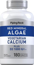 Piping Rock Red Mineral Algae | Vegetarian Calcium | 180 Capsules | Plant Based Plus Trace Minerals | Plus D3 1000 IU | Non-GMO, Gluten Free Supplement