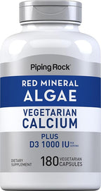 Piping Rock Red Mineral Algae | Vegetarian Calcium | 180 Capsules | Plant Based Plus Trace Minerals | Plus D3 1000 IU | Non-GMO, Gluten Free Supplement